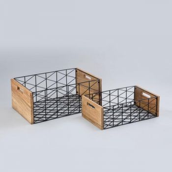 IKIRU Natural Black Iron & Wood Criss Cross Baskets For Kitchen Storage & Organizer