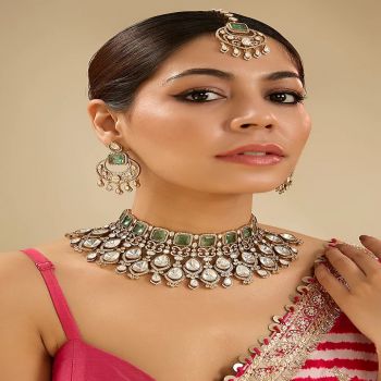Zevar By Geeta,Gold Finish Kundan Polki & Green Stone Necklace Set