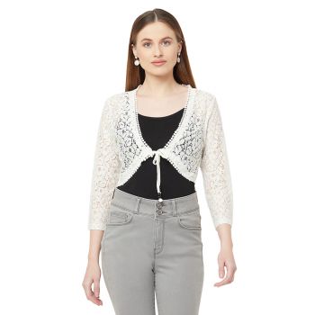 ESPRESSO Women's Lace Front Tie Up Shawl Collared Short Shrug