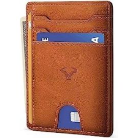 Genuine Leather Slim Wallet | RFID Blocking Skinny Minimal Thin Front Pocket Wallet Sleeve Card Holder for Men (Tan)