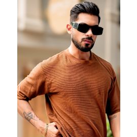 Maniac Mens Round Neck 3/4th Sleeve Brown Corduroy Fabric Tshirt