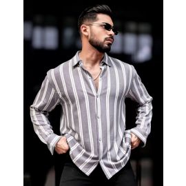 Maniac Mens Vertical Stripes Full Sleeve Terry Fabric Grey Slim Fit Shirt