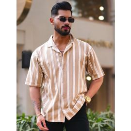 Maniac Mens Vertical Stripes Half Sleeve Terry Fabric Beige Slim Fit Shirt