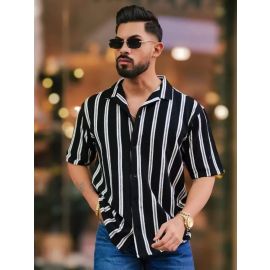 Maniac Mens Vertical Stripes Half Sleeve Terry Fabric Black Slim Fit Shirt