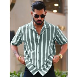 Maniac Mens Vertical Stripes Half Sleeve Terry Fabric Green Slim Fit Shirt