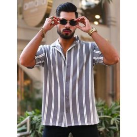 Maniac Mens Vertical Stripes Half Sleeve Terry Fabric Grey Slim Fit Shirt