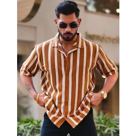 Maniac Mens Vertical Stripes Half Sleeve Terry Fabric Rust Oversized Fit Shirt