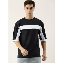 Maniac Men's Half sleeve Round Neck Black and White Cotton Slim Fit Tshirt