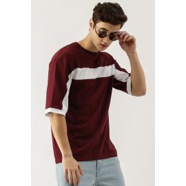 Maniac Men's Half sleeve Round Neck Maroon and White Cotton Slim Fit Tshirt