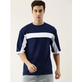 Maniac Men's Half sleeve Round Neck Navy and White Cotton Slim Fit Tshirt