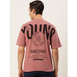 Maniac Mens Printed Round Neck Half Sleeve Cotton Pink Slim Fit Tshirt