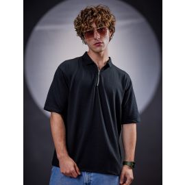 Maniac Mens Textured Polo Neck Half Sleeve Black SeerSucker Fabric T-Shirt