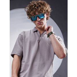 Maniac Mens Textured Polo Neck Half Sleeve Grey SeerSucker Fabric T-Shirt