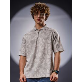 Maniac Mens Textured Polo Neck Half Sleeve Half Zipper Grey Cotton T-Shirt