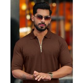 Maniac Men Textured Polo Neck Half Sleeve Half Zipper Brown Color Cotton T-Shirt