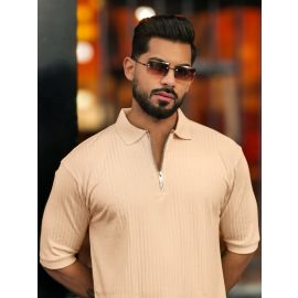 Maniac Men Textured Polo Neck Half Sleeve Half Zipper Cream Color Cotton T-Shirt