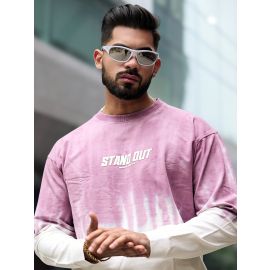 Maniac Mens Stand Out Ombre Wash Round Neck Full Sleeve Pink Cotton T-Shirt