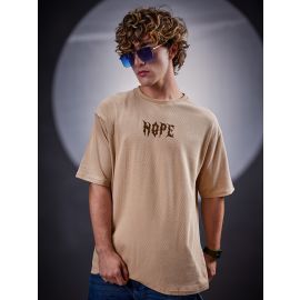 Maniac Men Hope Embroidery Round Neck Half Sleeve Biscuit Cotton T-Shirt