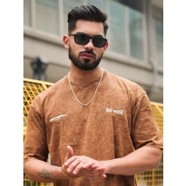 Maniac Mens Out West Optic Wash Round Neck Half Sleeve Brown Cotton T-Shirt