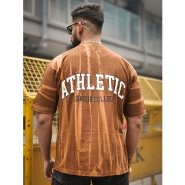 Maniac Mens Athletic Strokes Round Neck Half Sleeve Brown Cotton T-Shirt