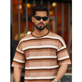 Maniiac Men Stripe Round Neck Half Sleeve Brown and White Cotton T-Shirt