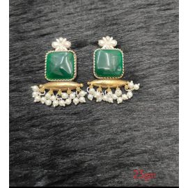 Brass Silver Oxidised GREEN CHARM Earrings