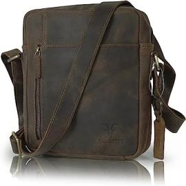 Men's Hunter Leather Multi Pocket Crossbody Messenger Bag (Brown, 10 Inch, GTHT-13)