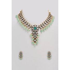 VASTRAA Jewellery,Gold Finish Kundan Polki & Green Stone Necklace Set