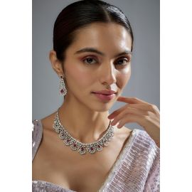 Aster,White Finish Zircon & Red Stone Necklace Set