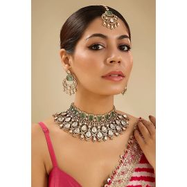 Zevar By Geeta,Gold Finish Kundan Polki & Green Stone Necklace Set