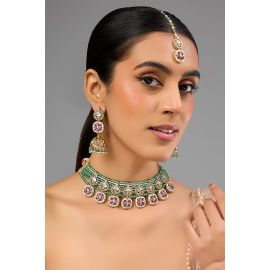Auraa Trends,Gold Finish Kundan Polki & Multi-Colored Stone Choker Necklace Set