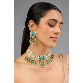 Gold Finish Kundan Polki & Turquoise Stone Choker Necklace Set