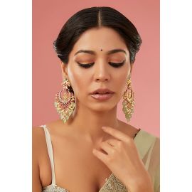 Auraa Trends,Gold Finish Kundan Polki & Red Carved Stone Chandbali Earrings