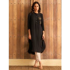 BLACK FLOWER GATHERED TUNIC