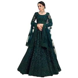 Bollyclues Women's Net Embroidered Semi-Stitched Lehenga Choli(Green-Rani_Green_Free Size)