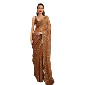 Bollyclues Women's Georgette Embroidered Coffee Saree With Unstitched Blouse Piece