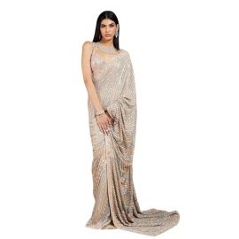 Bollyclues Women's Georgette Embroidered Cream Saree With Unstitched Blouse Piece