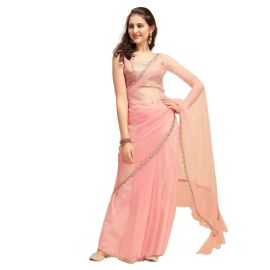 Bollyclues Women's Mono Net Solid Ruffle Saree With Blouse Piece