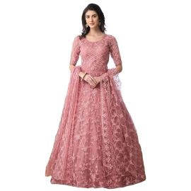 Bollyclues Women's Mono Net Embroidered Pink Semi Stitch Lehnga(BC-Chain_Semi Stitch)