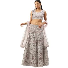 Bollyclues Women's Net Embroidered Semi-Stitched Lehenga Choli(Grey_Semi Stitched)