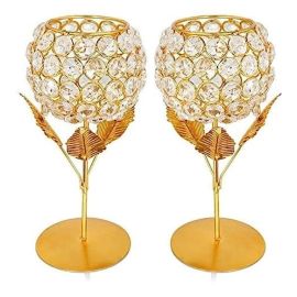 obbi Beautiful Crystals Rose Gold Polish Candle Holder for Decoration Set of Two 9 inches (Big Size), Metal