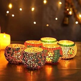 TIED RIBBONS Pack of 6 Mosaic Glass Votive Tealight Candle Holders - Decoration Items for Home Living Room (Pack of 6, Glass) - Gifts