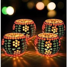 TIED RIBBONS Set of 4 Decorative Mosaic Glass Votives Tea Light Holder - Decorations Items for House Decor Living Room Office Bedroom Dining Table - Gifts