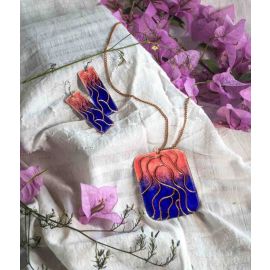 Ekibeki Wave Blue Pink Copper Enamel Pendant Set