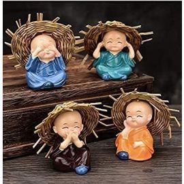 KC PRODUCTS Set of 4 Baby Hat Monk Buddha Idols Showpiece for Car Dashboard/Home Decor Decoration & Gifting Purpose