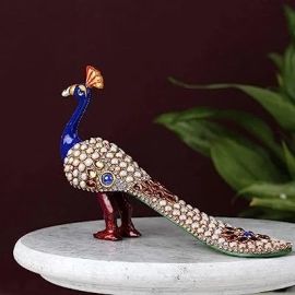 Karigar Shop Metal Stone Work Peacock Statue Showpiece Decorative Figurine for Home Living Room Office Bedroom Decor, Multicolor