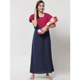 KLAMOTTEN-Cotton Solid Maternity and Feeding Maxi Nighty & Dress With Zip F8N