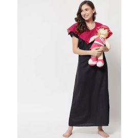 KLAMOTTEN-Cotton Solid Maternity and Feeding Maxi Nighty & Dress With Zip F8K