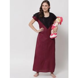 KLAMOTTEN-Cotton Solid Maternity and Feeding Maxi Nighty & Dress With Zip F8J