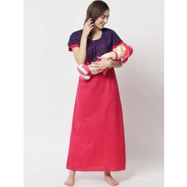 KLAMOTTEN-Cotton Solid Maternity and Feeding Maxi Nighty & Dress With Zip F8C